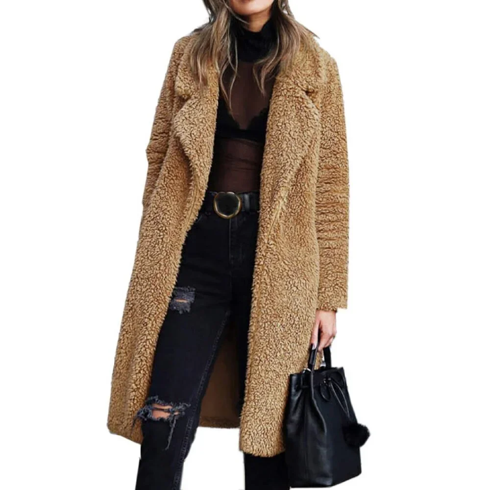 Women's Fuzzy Fleece Lapel Open Front Long Cardigan Coat Faux Fur